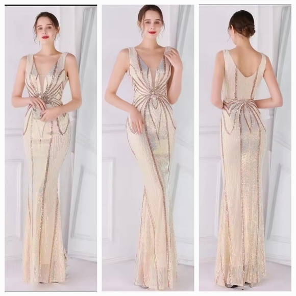 Champagne and Gold,  V Neck,  Striped,  Contrast Sequined Mermaid Gown - Picture 1 of 13